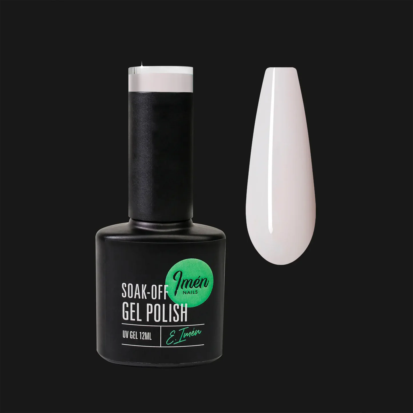 Esmalte semipermanente IMEN 004 color milky white de 12 ml con muestra de color.