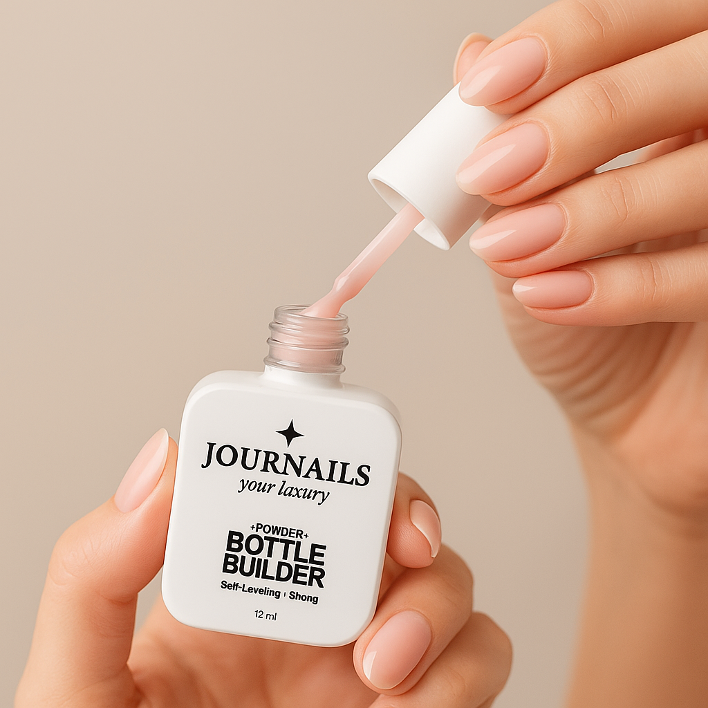 Mano con uñas almendra abriendo JOURNAILS Bottle Builder — gel constructor nude cremoso en detalle.