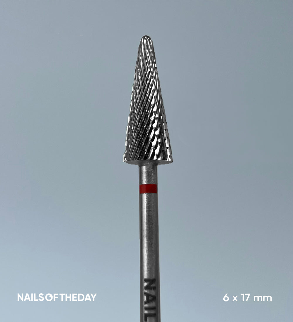 Fresa de cono Nailsoftheday: Fresa de cono rojo de carburo de marca, 6*17 mm.