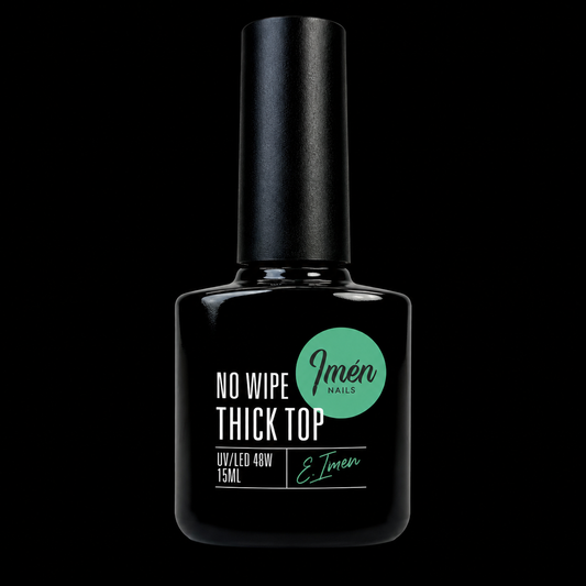 Top IMEN Thick No Wipe 15 ml en envase negro con etiqueta verde para acabado brillante y protección frente a pigmentos
