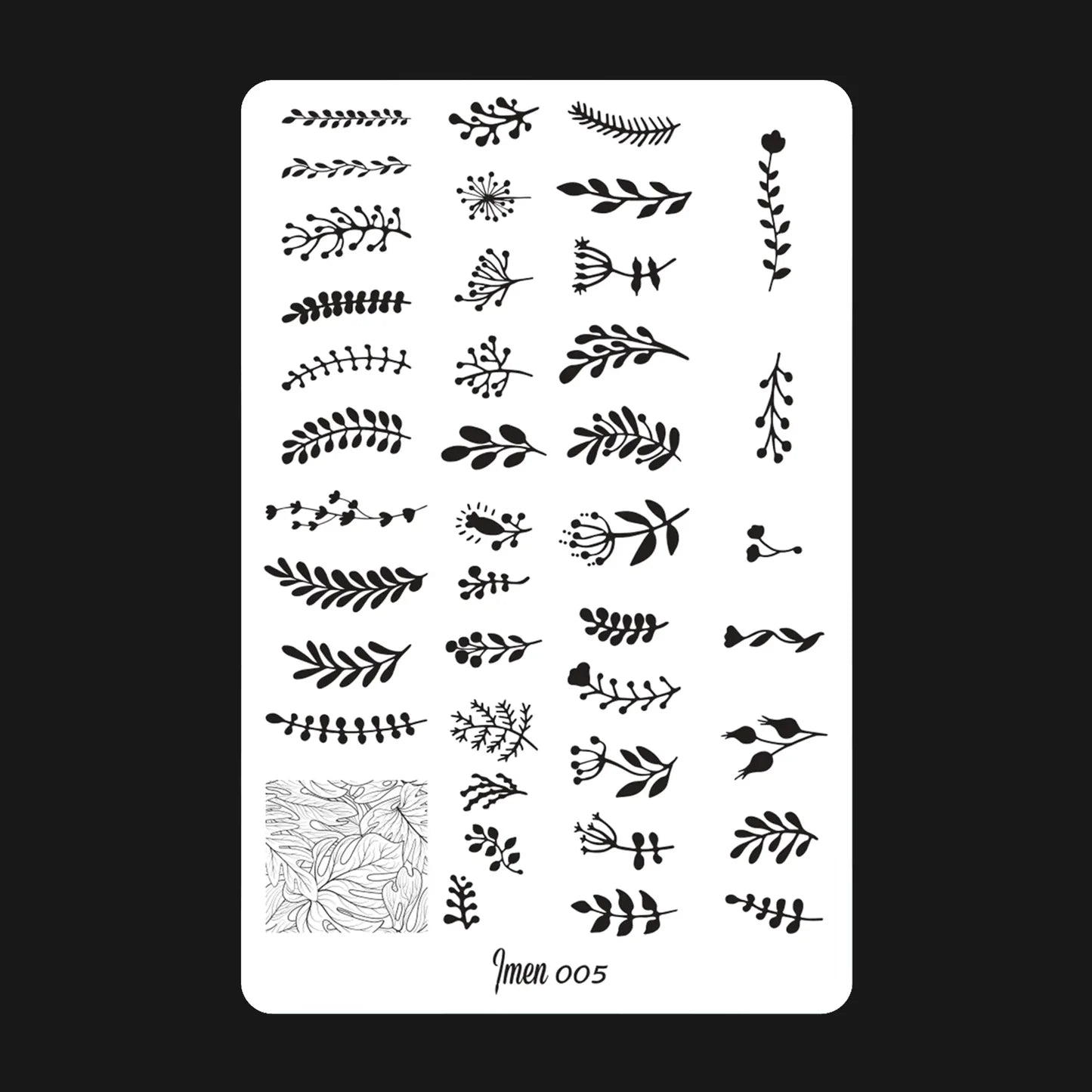 Placa de estampación IMEN 005 con diseños grabados para manicura y nail art profesional