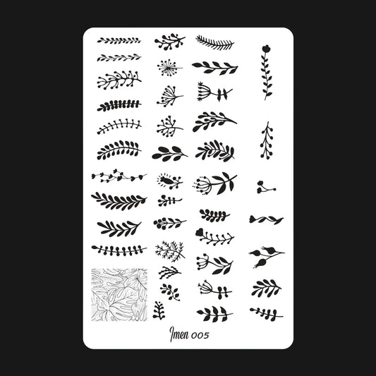 Placa de estampación IMEN 005 con diseños grabados para manicura y nail art profesional