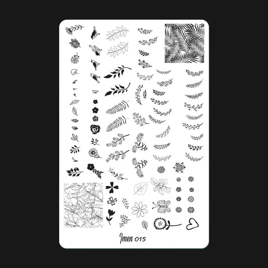 Placa de estampación IMEN 015 con diseños grabados para manicura y nail art profesional