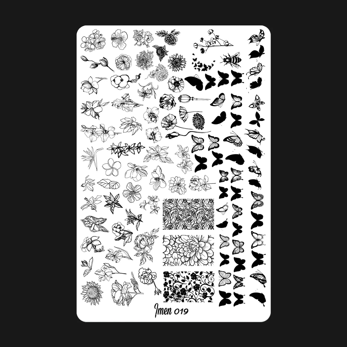 Placa de estampación IMEN 019 con diseños grabados para manicura y nail art profesional