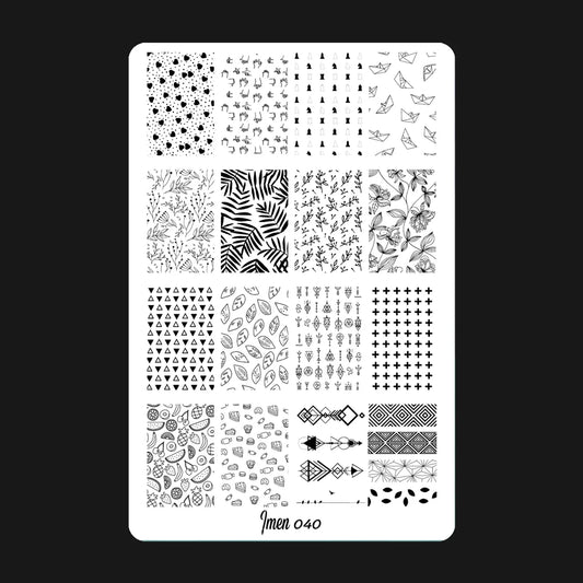 Placa de estampación IMEN 040 con diseños grabados para manicura y nail art profesional