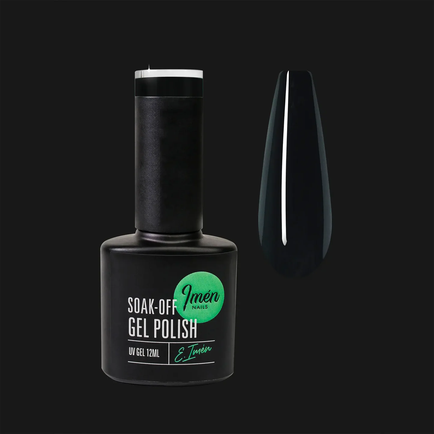 Esmalte semipermanente IMEN 001 negro intenso de 12 ml con muestra de color
