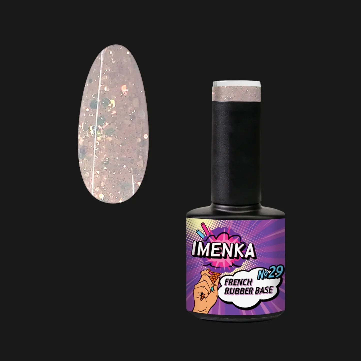 Base Rubber IMENKA Nº29 de 12 ml con partículas iridiscentes para manicura de novia, baby boomer y francesa.