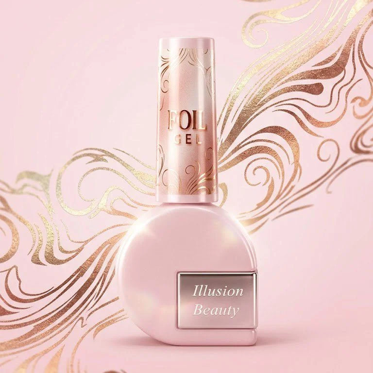 Foil Gel Illusion Beauty de 10 ml en envase rosa con tapón decorado en dorado.