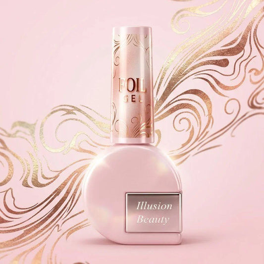 Foil Gel Illusion Beauty de 10 ml en envase rosa con tapón decorado en dorado.