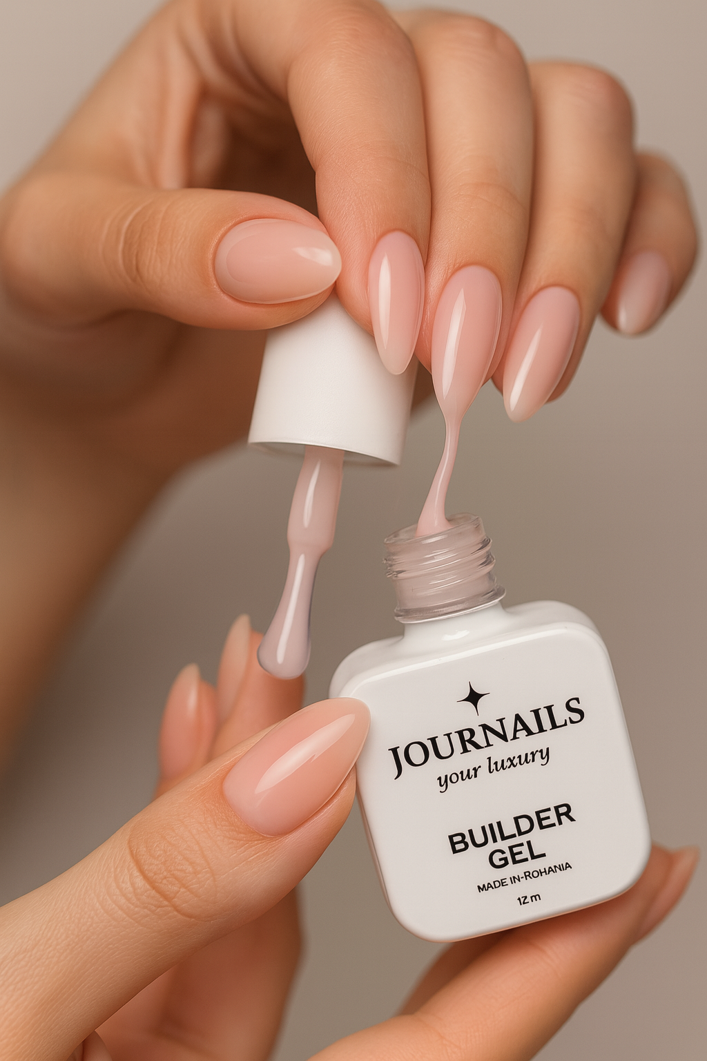 Gel constructor JOURNAILS Bottle Builder 12 ml siendo aplicado — tono nude rosado autonivelante.