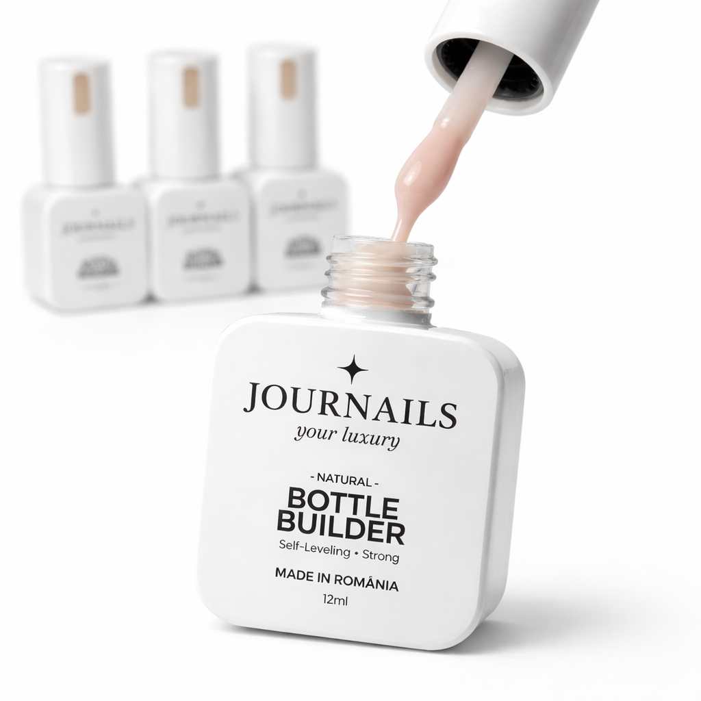 Gel constructor JOURNAILS Bottle Builder Natural 12 ml abierto, color natural visible en el pincel, con botellas difuminadas de fondo sobre mesa blanca, imagen premium para tienda online