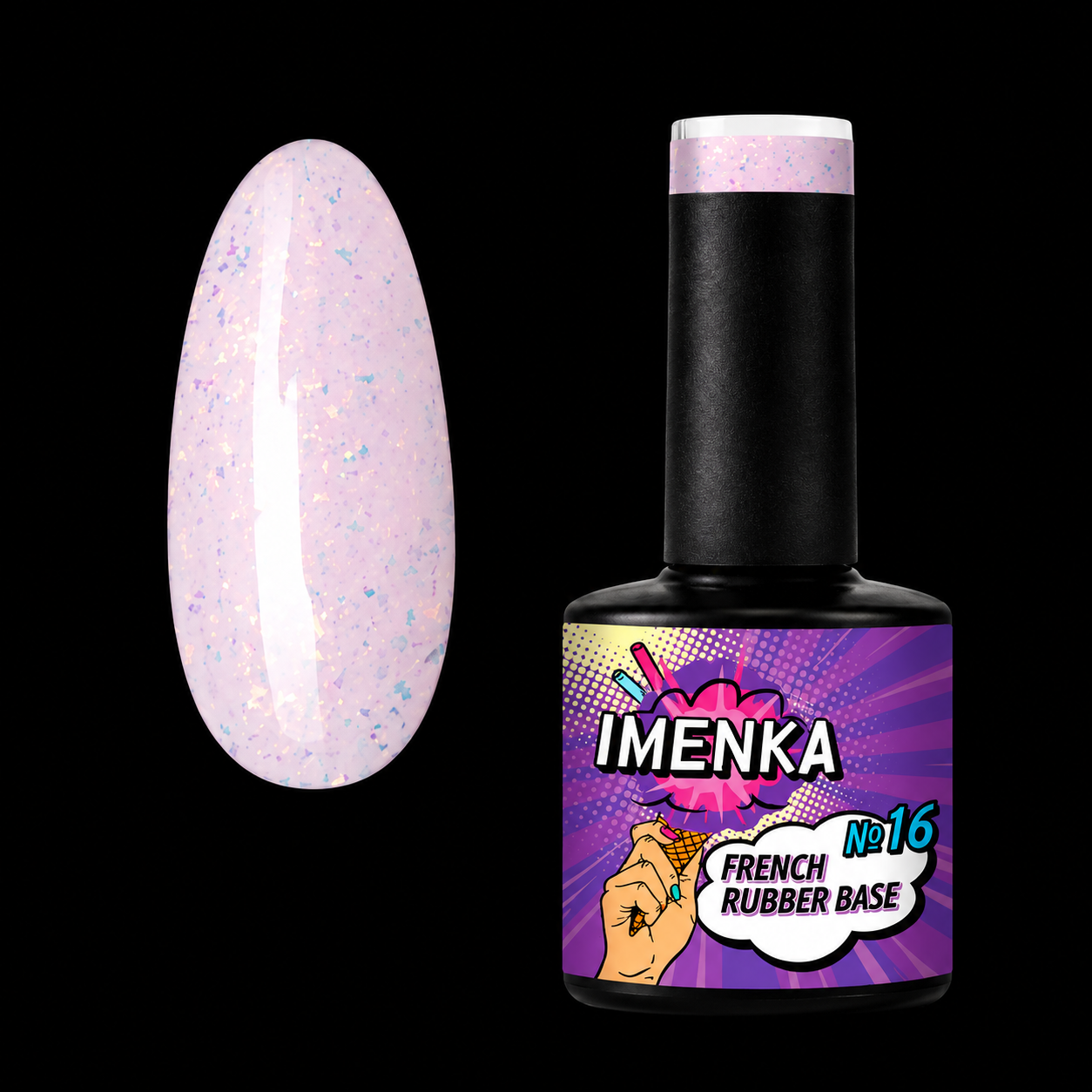 Base Rubber IMENKA 016 de 12 ml con partículas de brillo para manicura francesa y baby boomer.