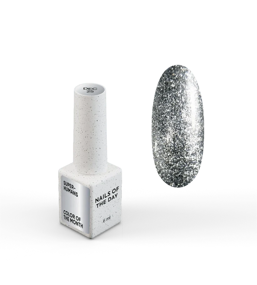 NAILSOFTHEDAY Color of the Month Diciembre 2025 SUPERHUMANS — tono acero con pan de plata, cobertura completa en una sola capa, 6 ml