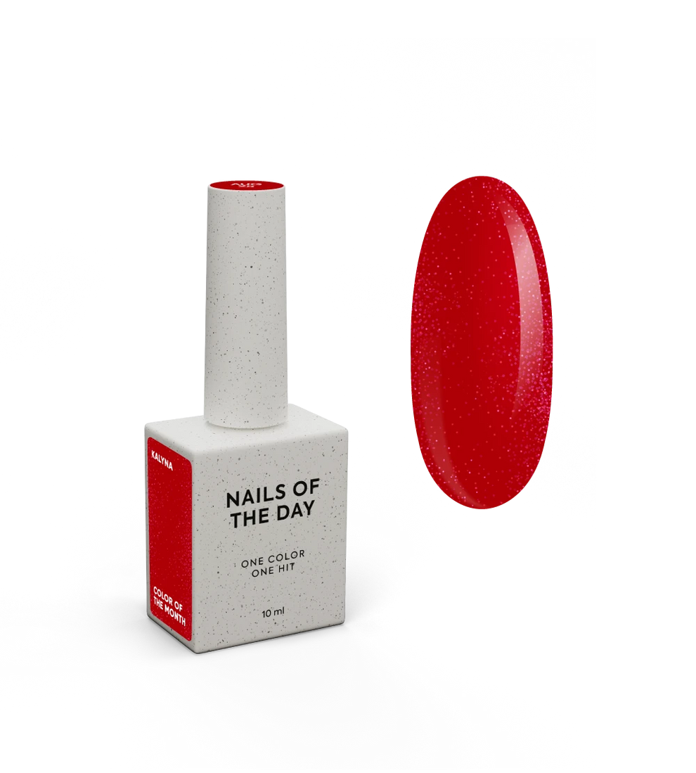 NAILSOFTHEDAY Color del Mes – Agosto 2025 Kalyna – rojo intenso de viburno con destellos rosas finos. Cubre perfectamente en una sola capa. 10 ml.