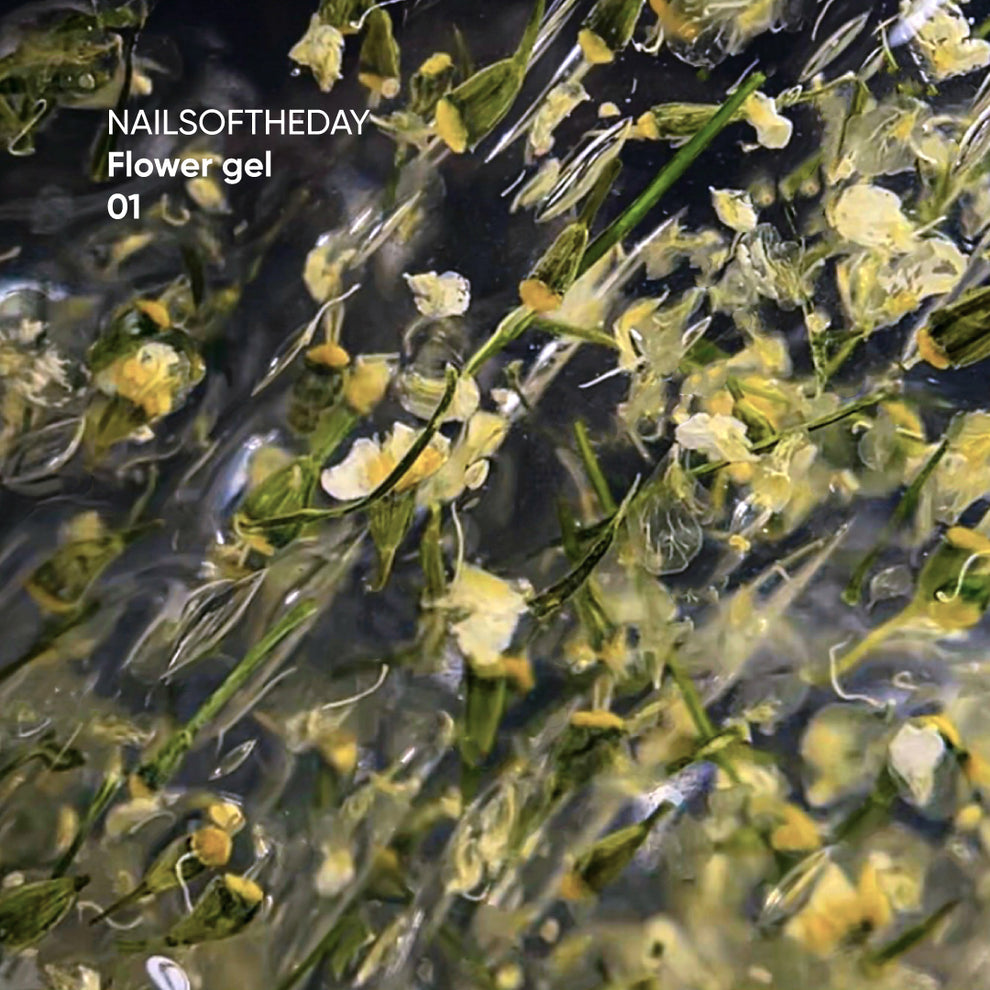 NAILSOFTHEDAY Build gel Flower 01 — gel de construcción transparente con flores secas para uñas, 15 ml