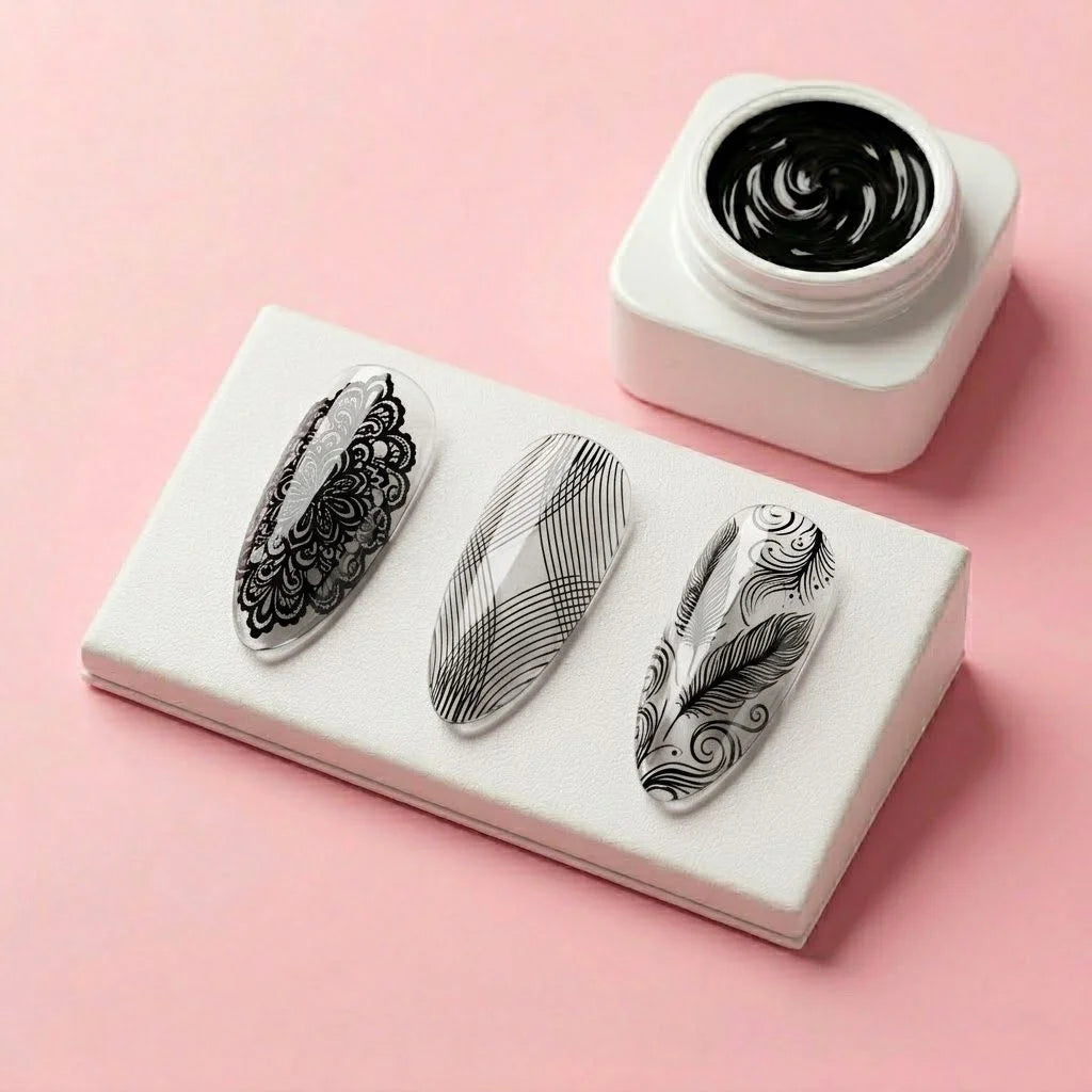 Muestra de estampado negro con motivos florales y encaje junto a gel para stamping blanco Illusion Beauty.
