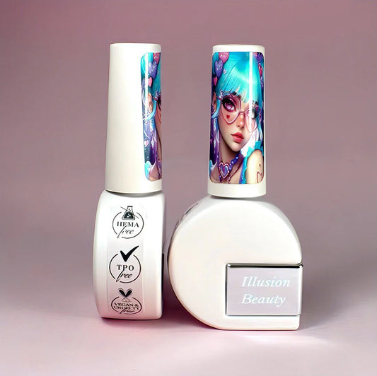 Top Gloss Illusion Beauty de 10 ml, con acabado blanco y tapones ilustrados.